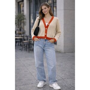 Stitches & Stripes Beige Red Colorblock V-Neck Button Front Knit Cardigan NEW